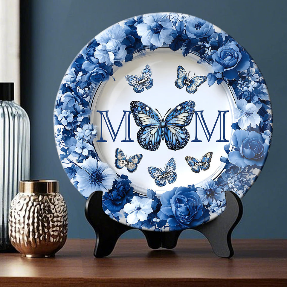 Assiette ronde en céramique personnalisée « Papillon bleu et blanc classique » - Cadeau Fête des Mères