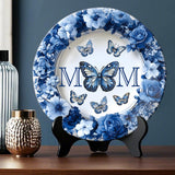 Assiette ronde en céramique personnalisée « Papillon bleu et blanc classique » - Cadeau Fête des Mères