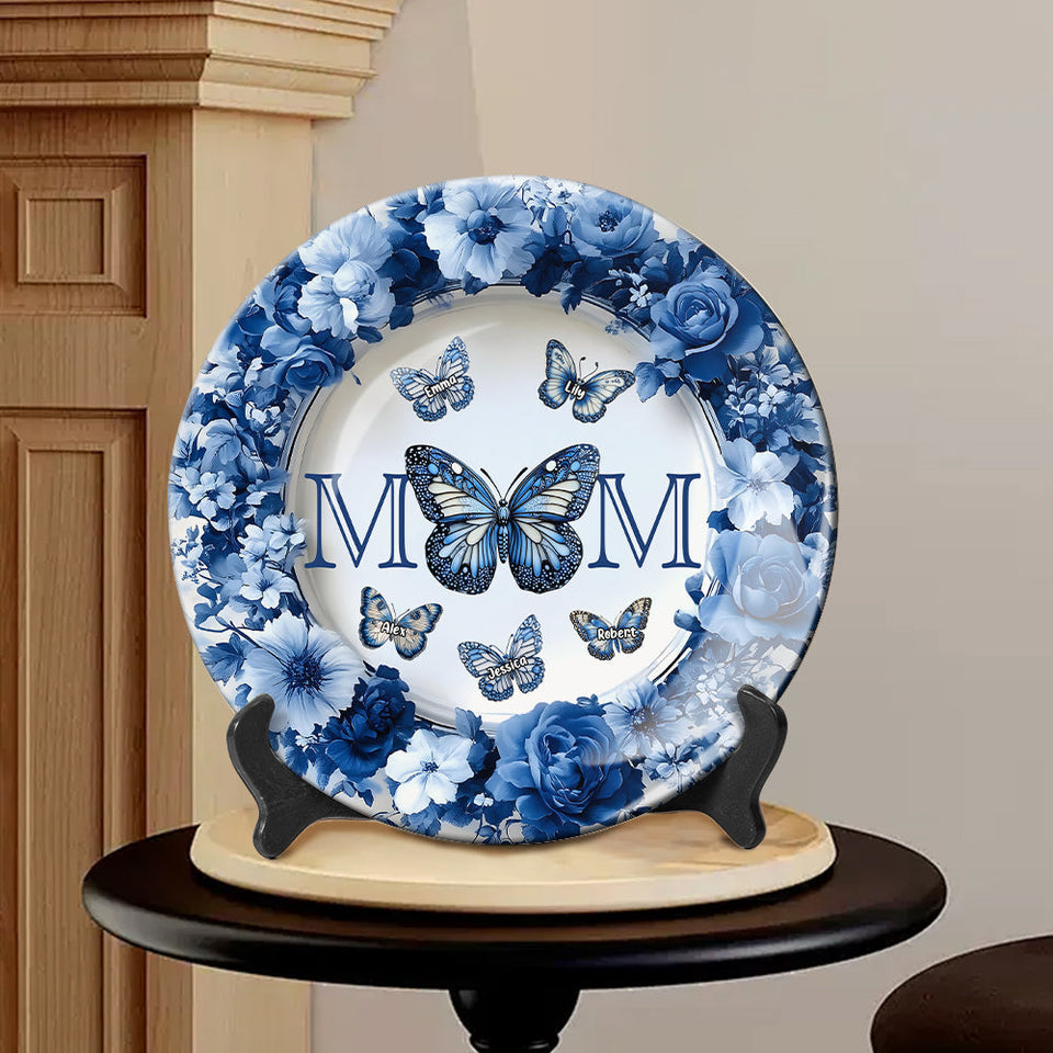 Assiette ronde en céramique personnalisée « Papillon bleu et blanc classique » - Cadeau Fête des Mères