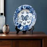 Assiette ronde en céramique personnalisée « Papillon bleu et blanc classique » - Cadeau Fête des Mères
