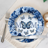 Assiette ronde en céramique personnalisée « Papillon bleu et blanc classique » - Cadeau Fête des Mères