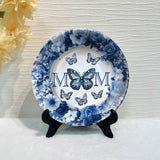 Assiette ronde en céramique personnalisée « Papillon bleu et blanc classique » - Cadeau Fête des Mères