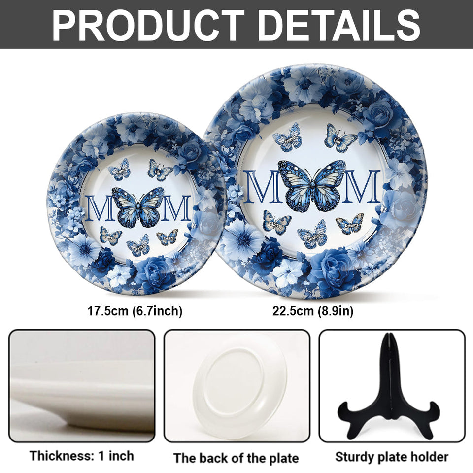 Assiette ronde en céramique personnalisée « Papillon bleu et blanc classique » - Cadeau Fête des Mères