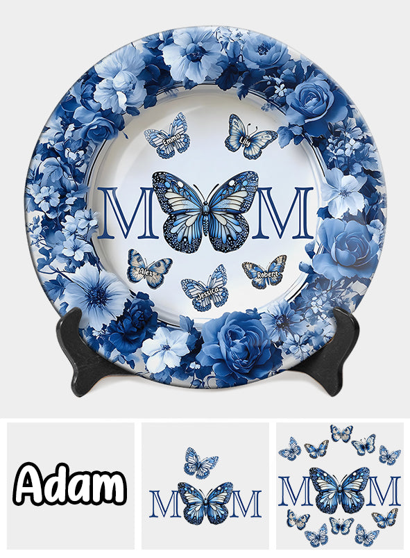 Assiette ronde en céramique personnalisée « Papillon bleu et blanc classique » - Cadeau Fête des Mères