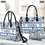 Toile De Jouy Mom - Personalized Mother Leather Handbag & Leather Long Wallet