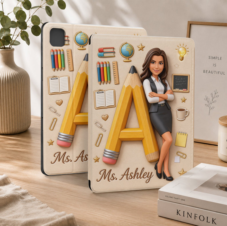 Custom Alphabet, Any Photo - Personalized Teacher Tablet Cover With Pen Slot