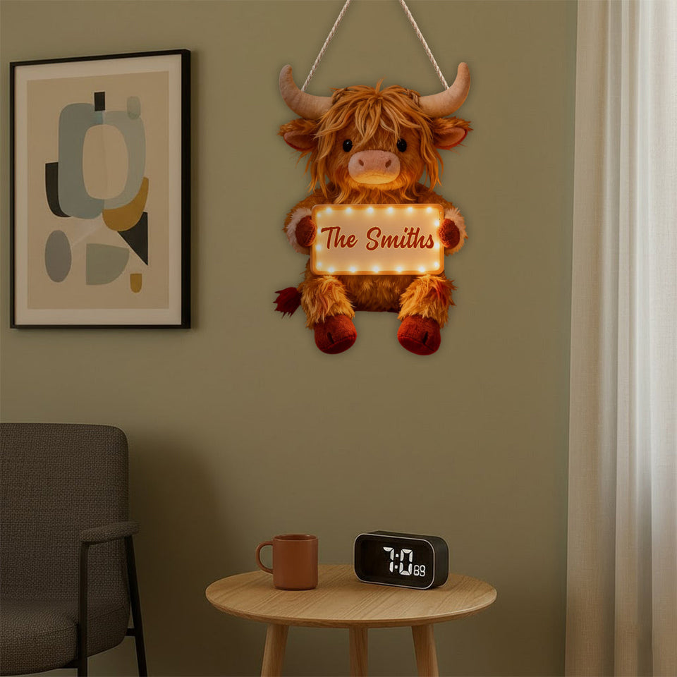 Home Sweet Home - Personalized Highland Cow LED Light Acrylic Sign