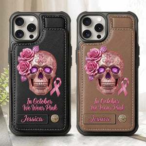 Étui portefeuille personnalisé pour téléphone avec motif crâne et ruban, sensibilisation au cancer du sein