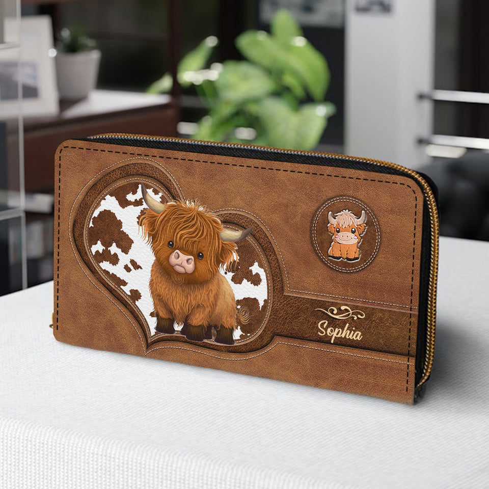Cute Highland Cow - Personalized Highland Cow Leather Long Wallet