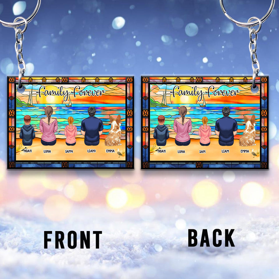 Family Sitting Back View Beautiful Ocean - Personalized Family Keychain