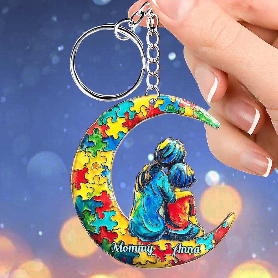 Maman et enfant autistes - Je t'aime jusqu'à la lune et retour - Porte-clés personnalisé pour la sensibilisation à l'autisme