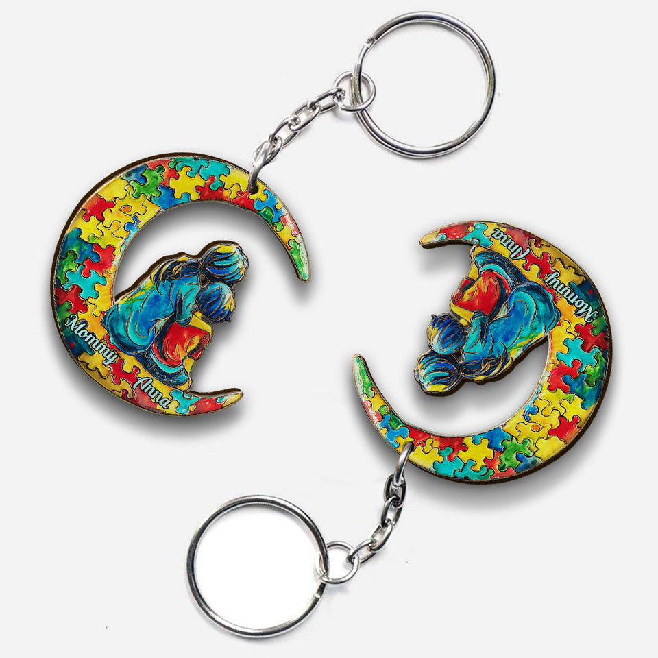 Maman et enfant autistes - Je t'aime jusqu'à la lune et retour - Porte-clés personnalisé pour la sensibilisation à l'autisme