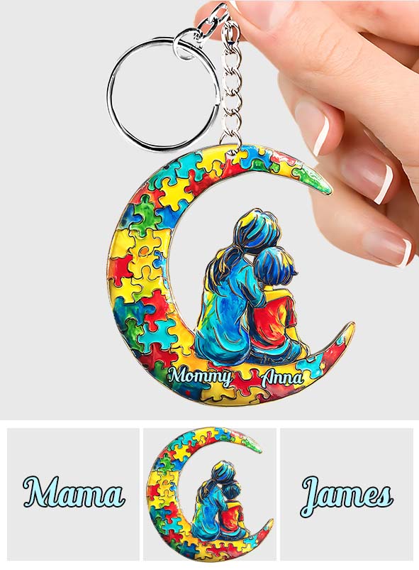 Maman et enfant autistes - Je t'aime jusqu'à la lune et retour - Porte-clés personnalisé pour la sensibilisation à l'autisme