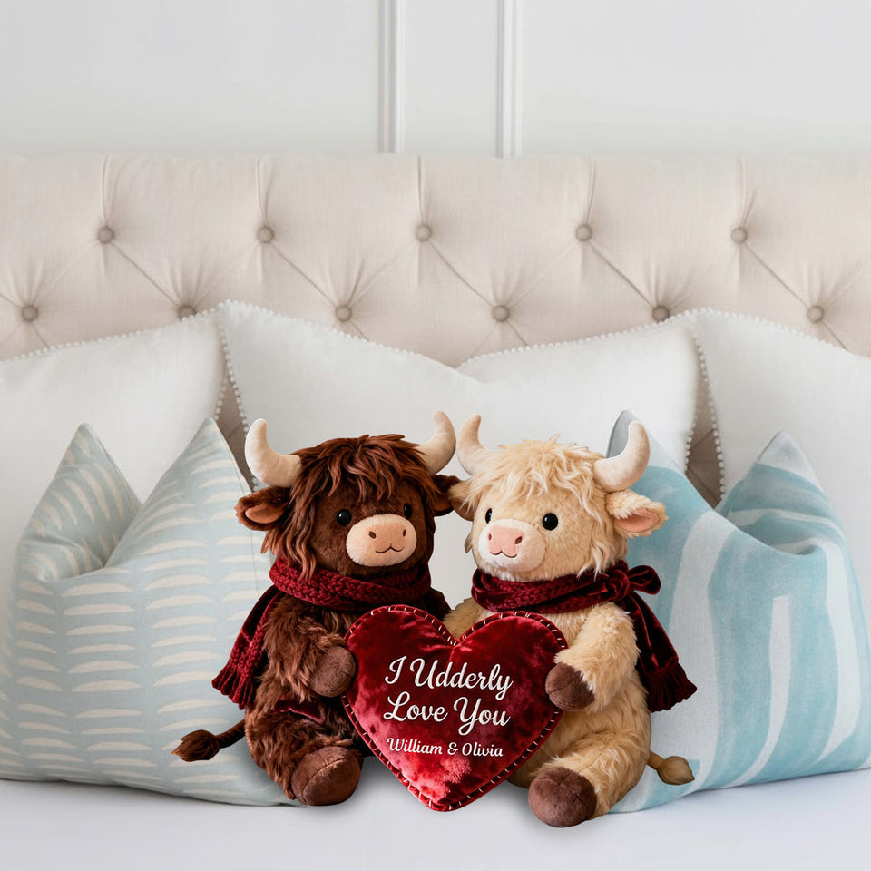 Romantic Plush Cows Holding Heart - Personalized Highland Cow Faux Fur Shaped Pillow