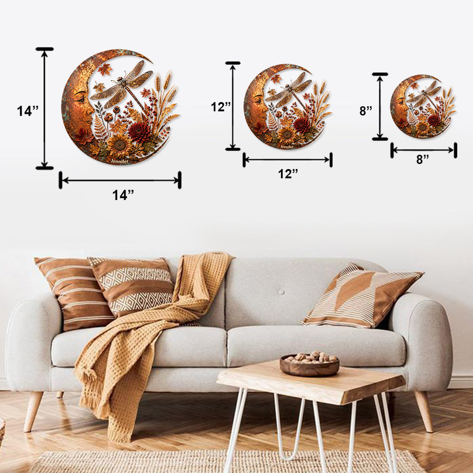 Autumn Moon and Dragonfly Metal Wall Art - Personalized Dragonfly Cut Metal Sign