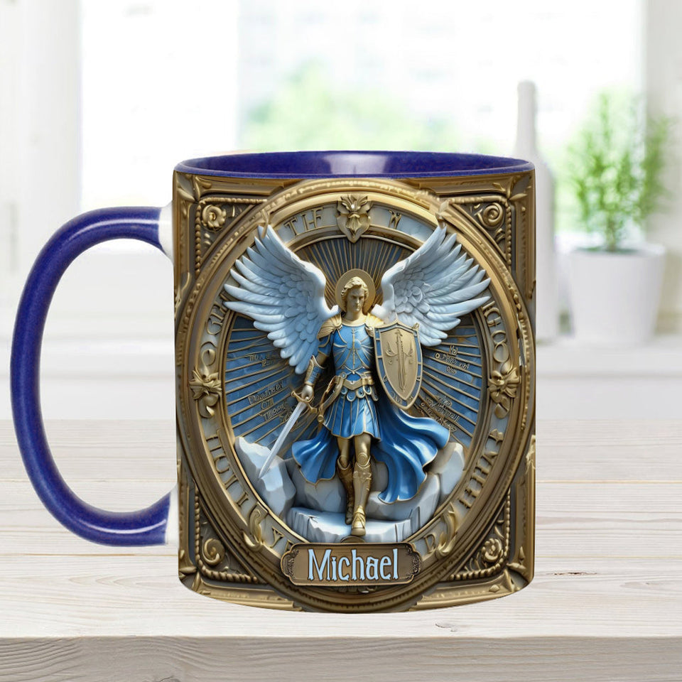 Mug chrétien personnalisé avec ailes dorées et épée de l'archange Michel - Mug à message chrétien
