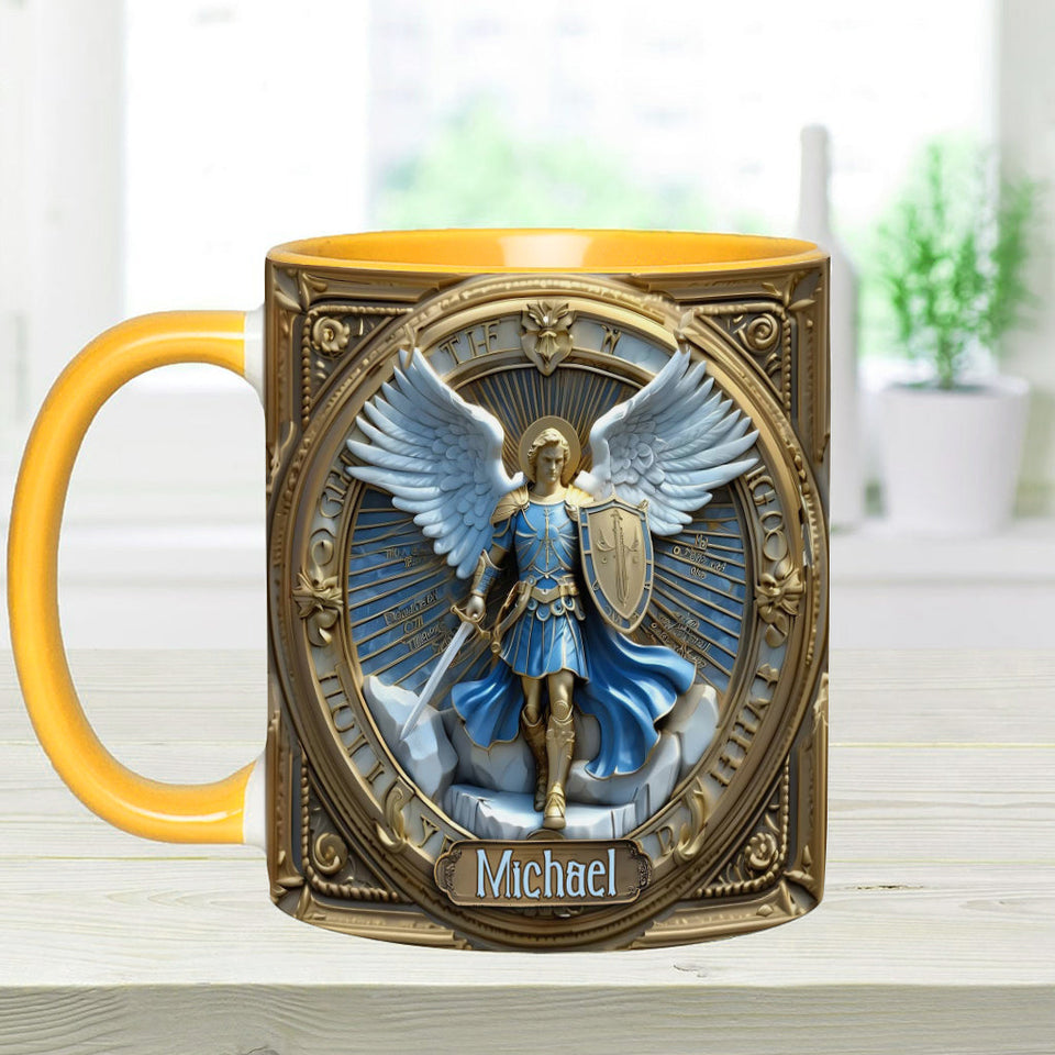 Mug chrétien personnalisé avec ailes dorées et épée de l'archange Michel - Mug à message chrétien