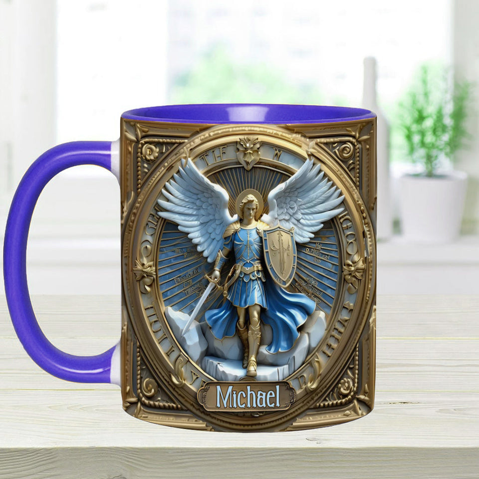 Mug chrétien personnalisé avec ailes dorées et épée de l'archange Michel - Mug à message chrétien