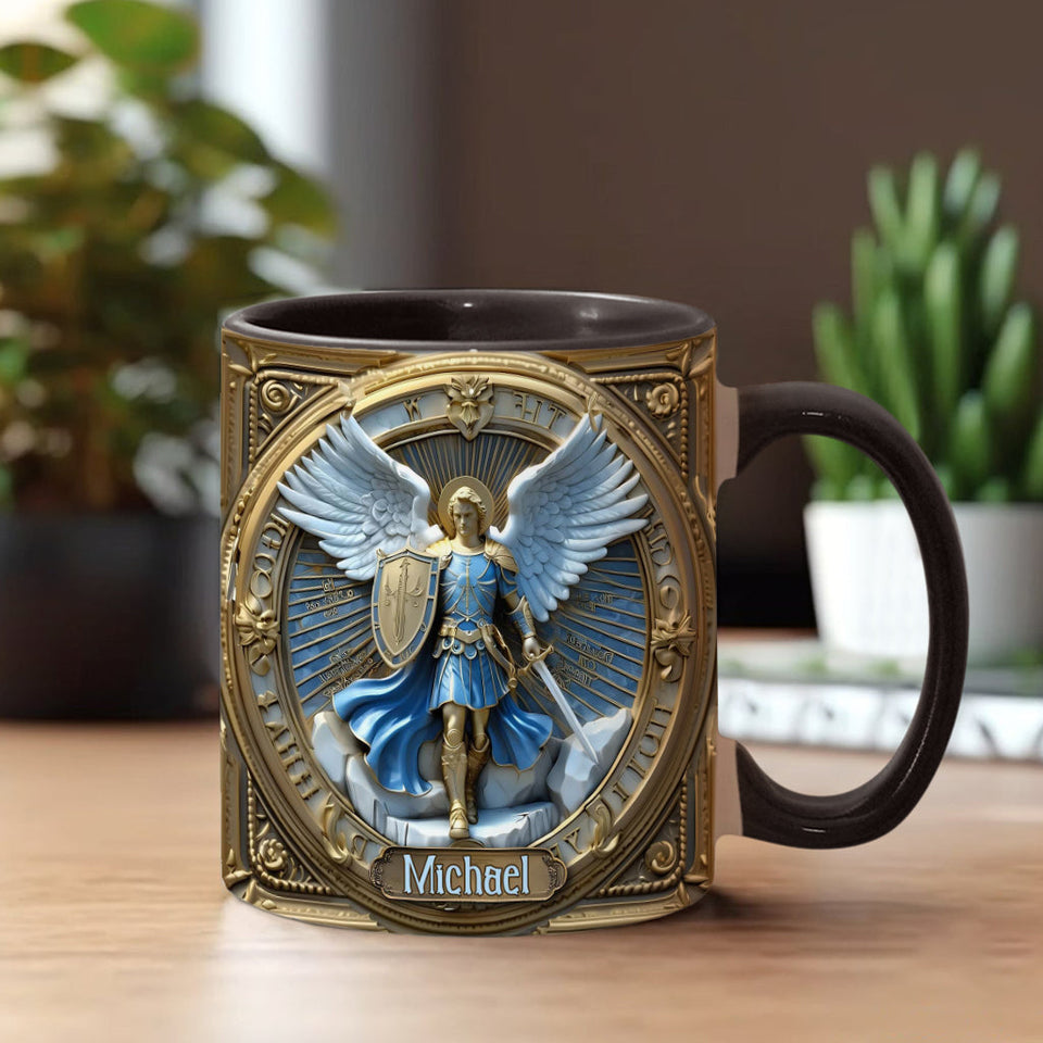 Mug chrétien personnalisé avec ailes dorées et épée de l'archange Michel - Mug à message chrétien