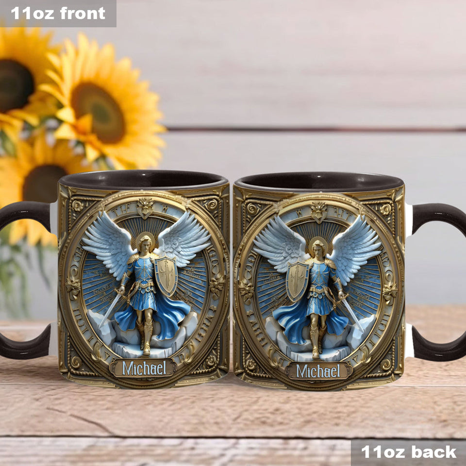 Mug chrétien personnalisé avec ailes dorées et épée de l'archange Michel - Mug à message chrétien