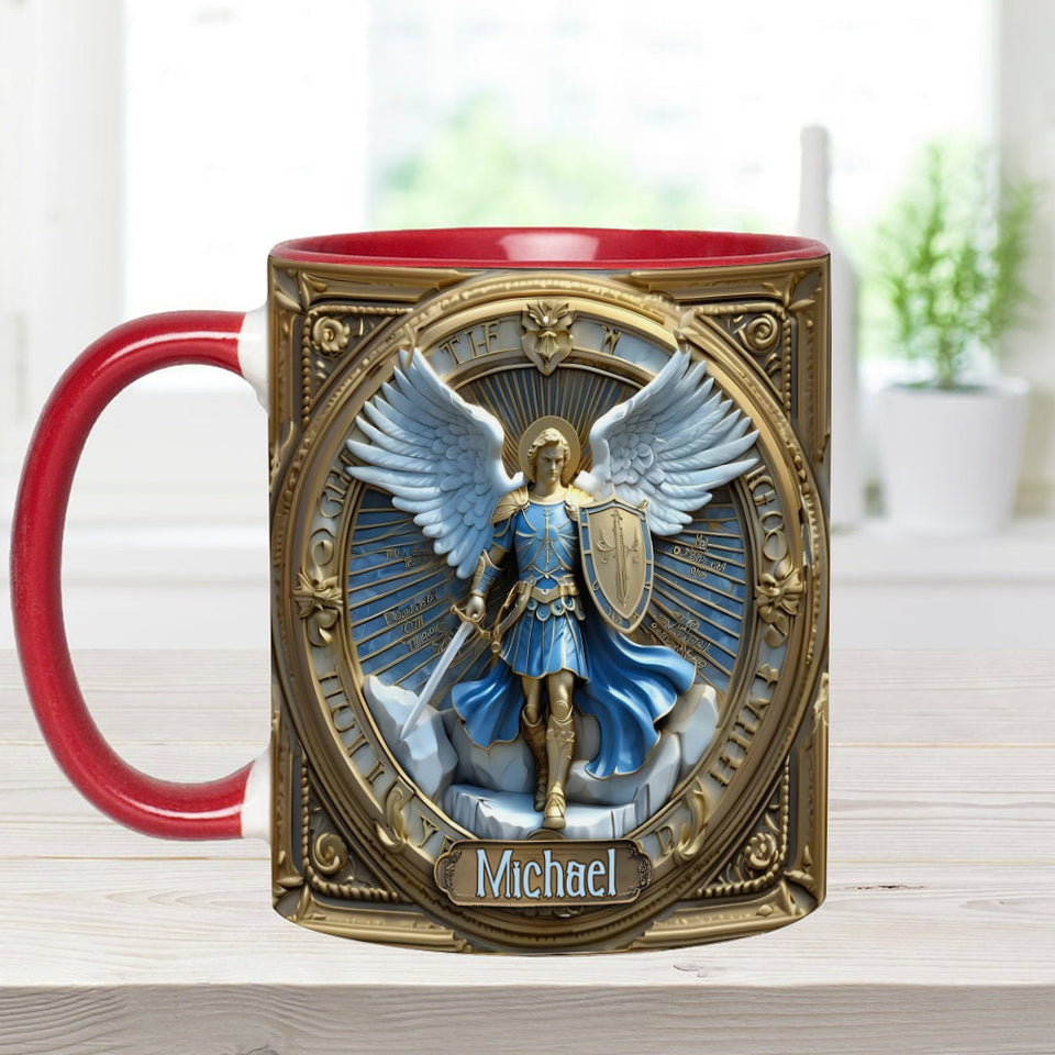 Mug chrétien personnalisé avec ailes dorées et épée de l'archange Michel - Mug à message chrétien