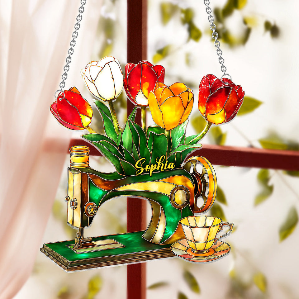 Tulip, Sewing, And Tea - Personalized Sewing Window Hanging Suncatcher Ornament