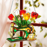 Tulip, Sewing, And Tea - Personalized Sewing Window Hanging Suncatcher Ornament