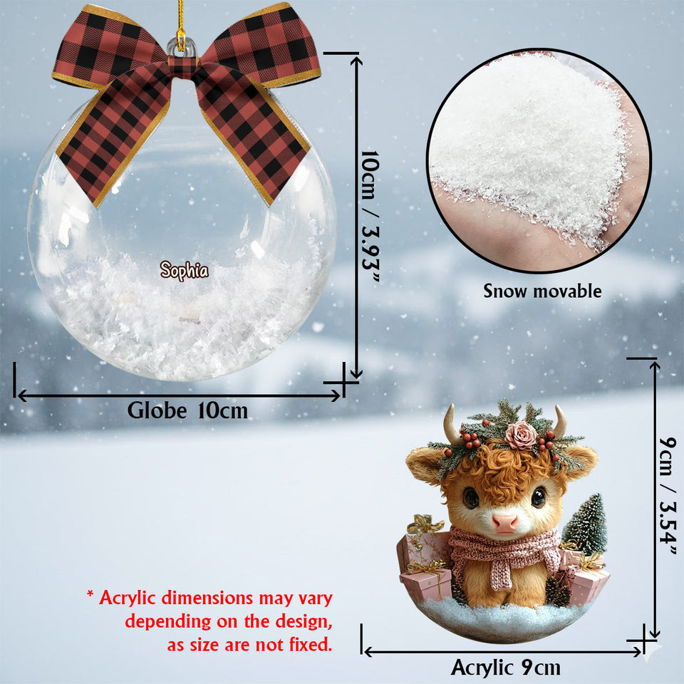 Highland Cow Christmas - Personalized Highland Cow Snow Globe Ornament With Bow