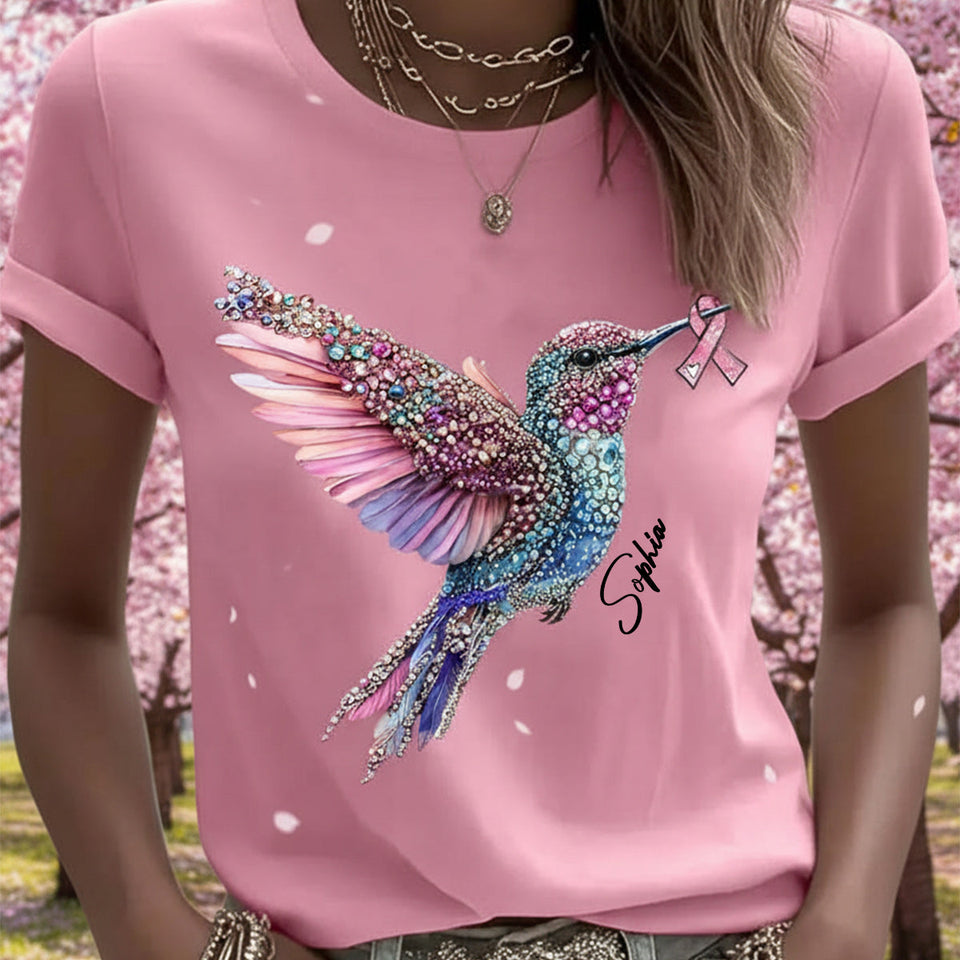 T-shirt et sweat à capuche personnalisés avec ruban rose et colibri en cristal pour la sensibilisation au cancer du sein