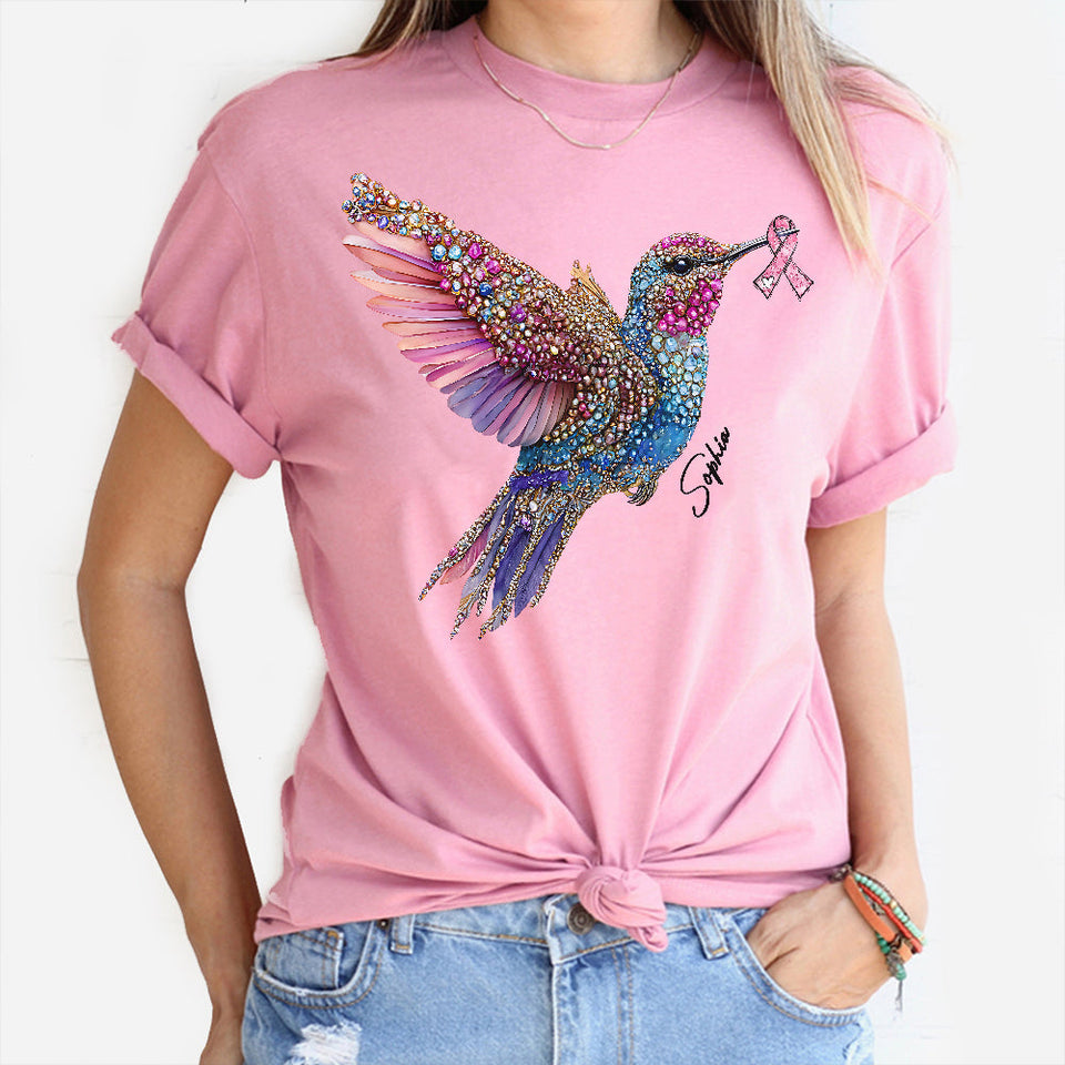 T-shirt et sweat à capuche personnalisés avec ruban rose et colibri en cristal pour la sensibilisation au cancer du sein