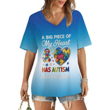 A Piece Of My Heart Has Autism - Personalized Autism Awareness V-Neck T-Shirt With Plush Pin