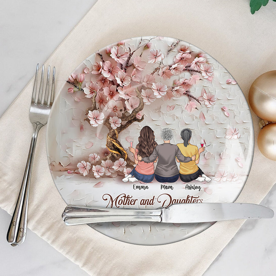 Mère et filles liées à jamais - Assiette ronde en céramique personnalisée pour maman