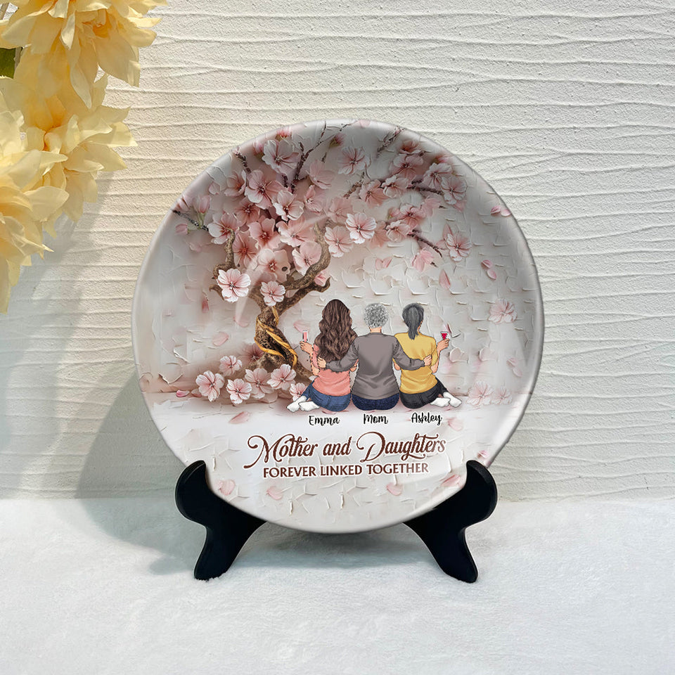 Mère et filles liées à jamais - Assiette ronde en céramique personnalisée pour maman