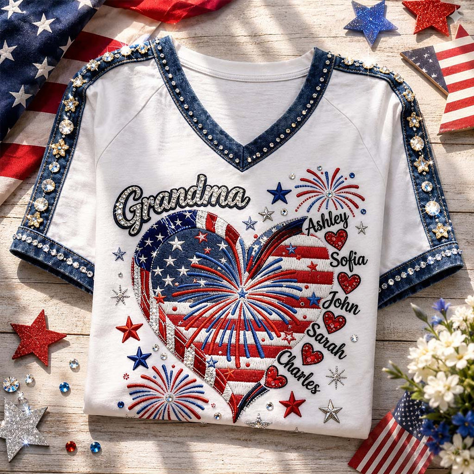 July 4th Grandma Sweethearts Shirt - Personalized Grandma Fully Printed V-Neck T-Shirt
