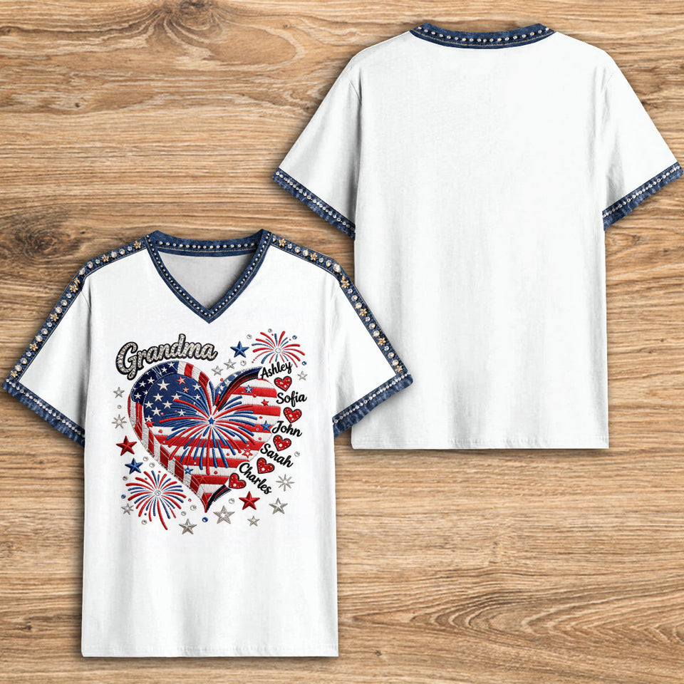 July 4th Grandma Sweethearts Shirt - Personalized Grandma Fully Printed V-Neck T-Shirt