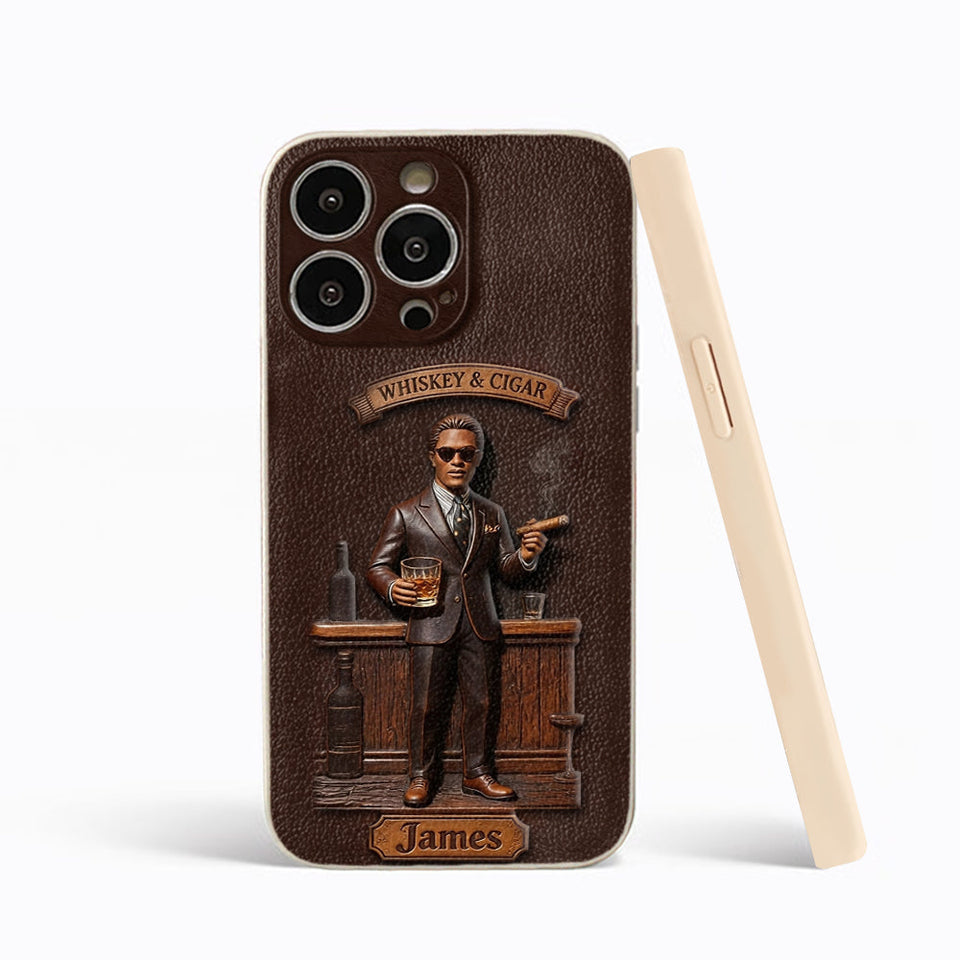 Whiskey And Cigar - Personalized Whisky 3D Embossed Leather Phone Case
