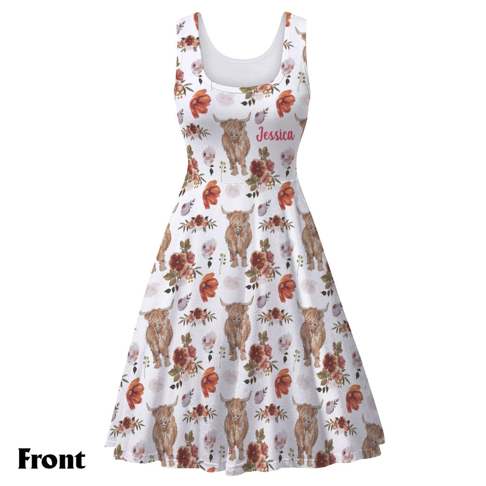 Floral Highland Cow - Personalized Highland Cow Sleeveless Dress