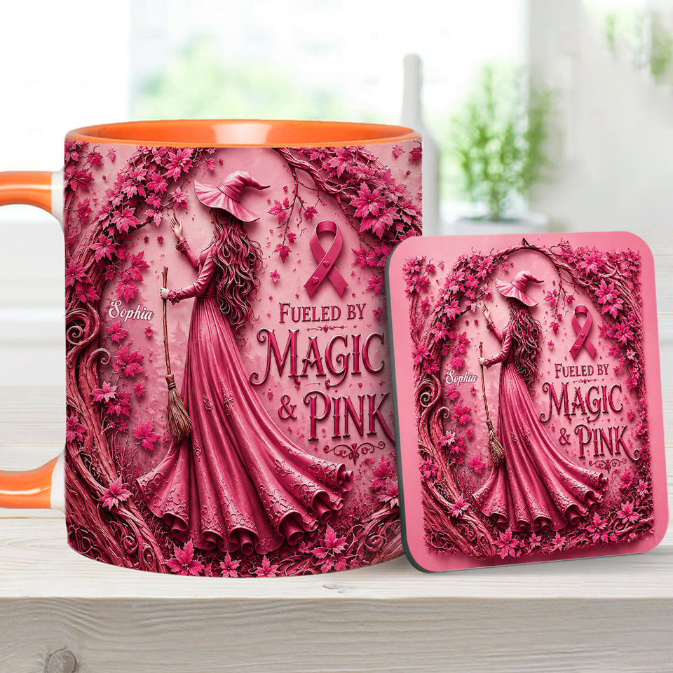 Fueled By Magic & Pink - Personalized Breast Cancer Awareness Accent Mug & Coaster