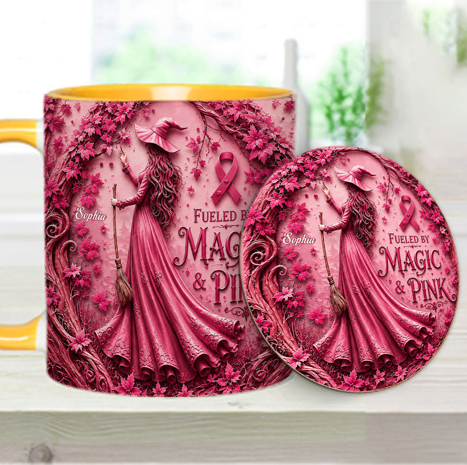 Fueled By Magic & Pink - Personalized Breast Cancer Awareness Accent Mug & Coaster