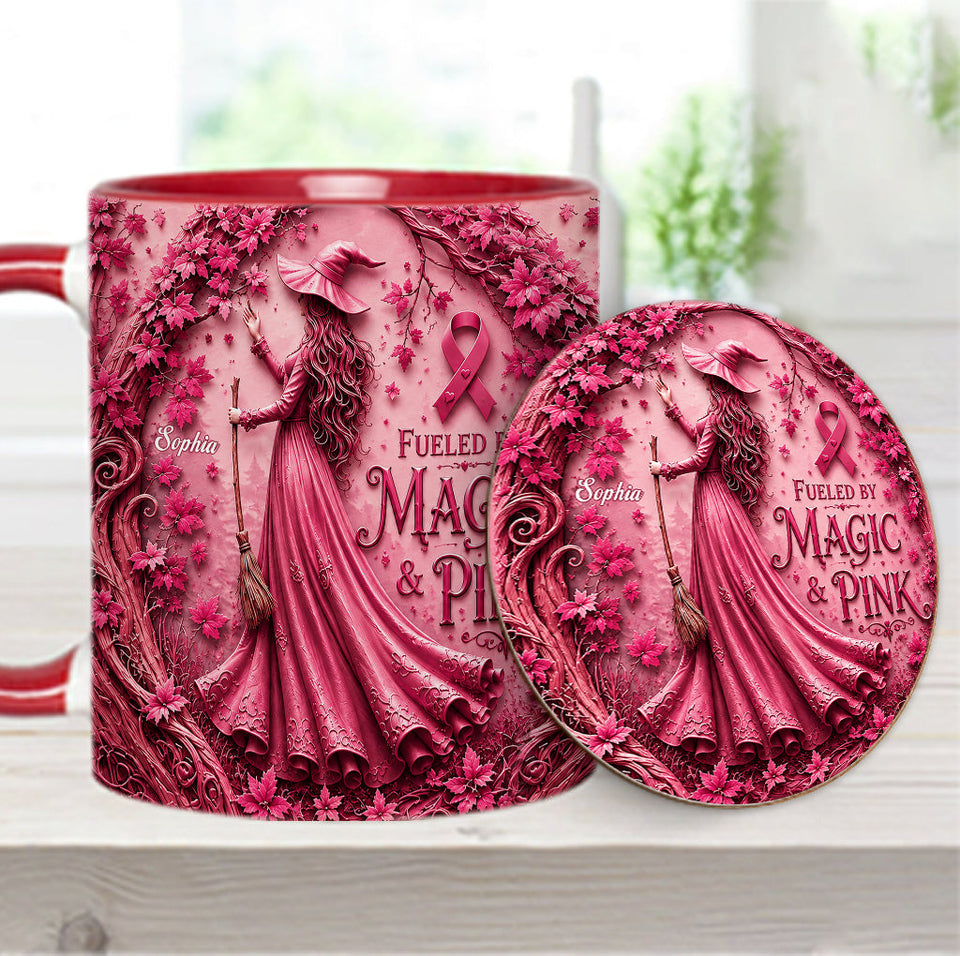 Fueled By Magic & Pink - Personalized Breast Cancer Awareness Accent Mug & Coaster