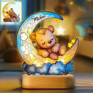Cute Bear On Crescent Moon - Personalized Kid Shaped Plaque Light Base