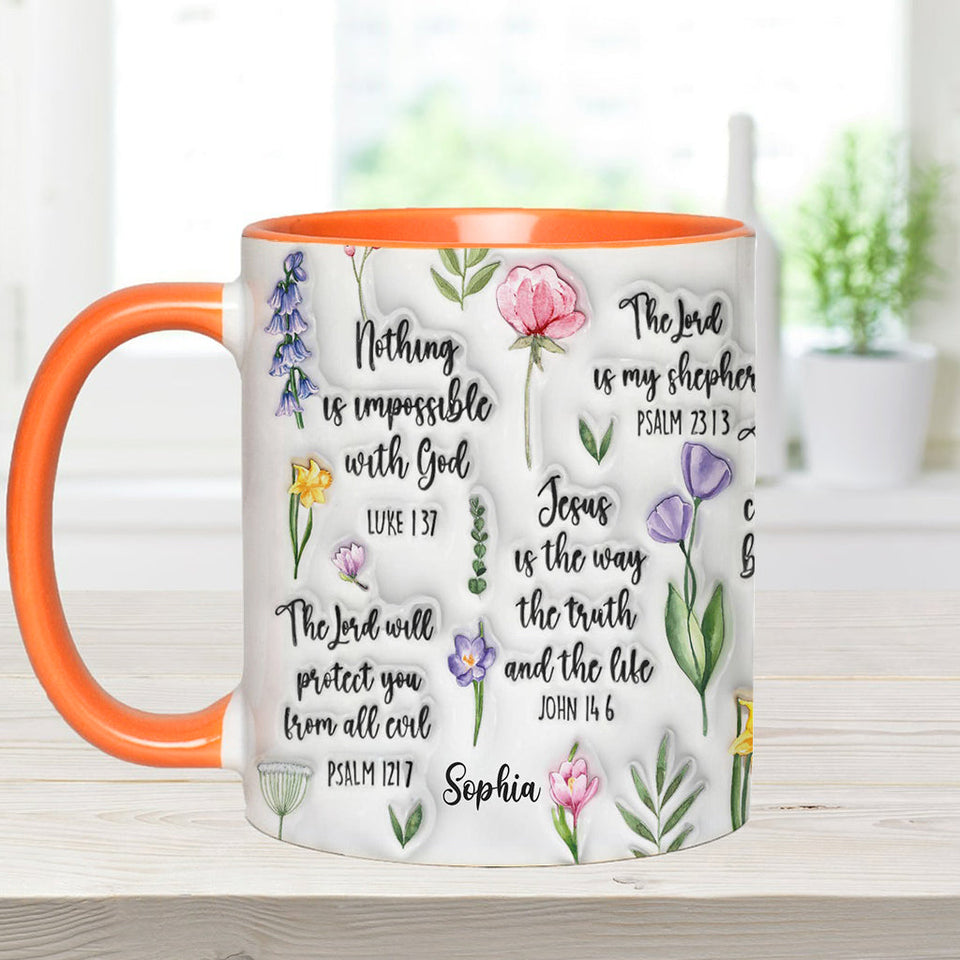 Mug chrétien personnalisé avec verset biblique et motif floral