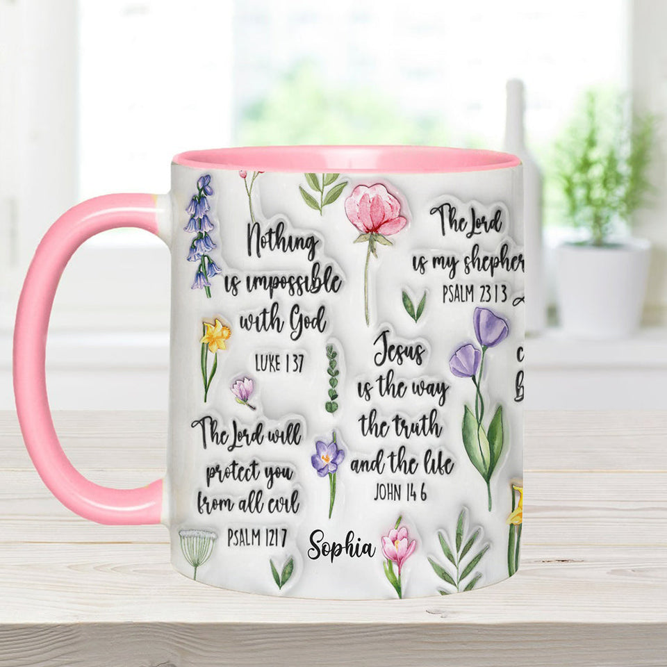 Mug chrétien personnalisé avec verset biblique et motif floral