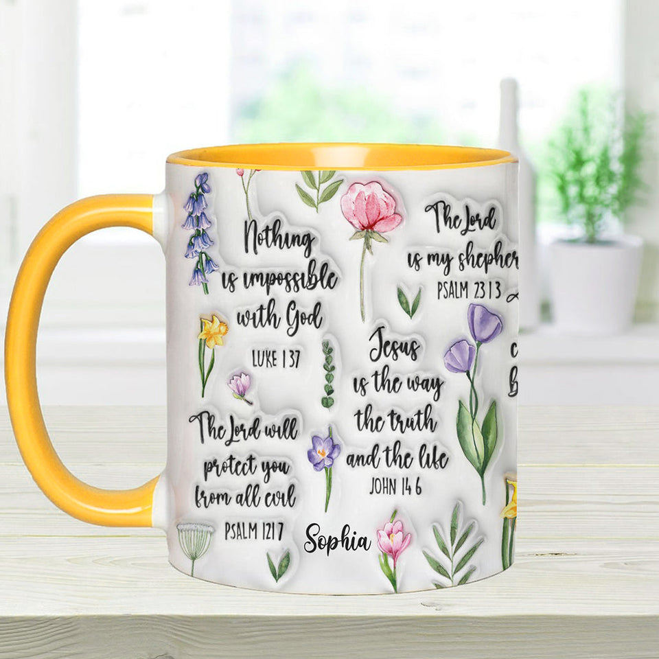 Mug chrétien personnalisé avec verset biblique et motif floral