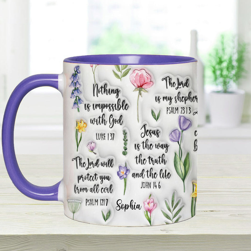 Mug chrétien personnalisé avec verset biblique et motif floral
