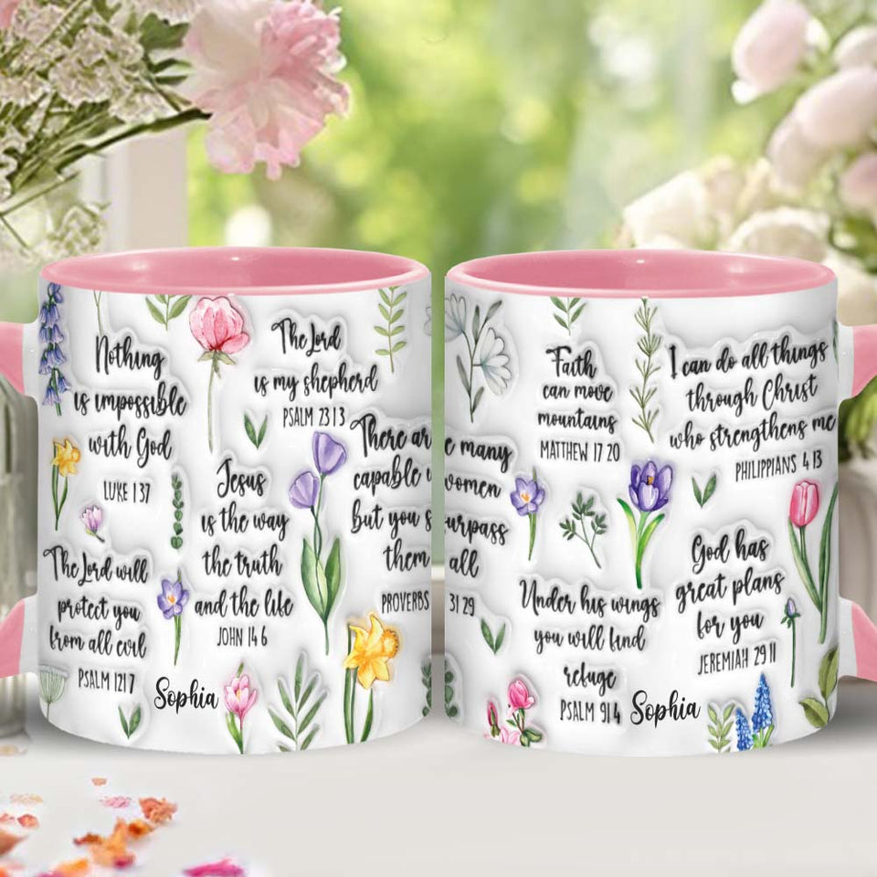 Mug chrétien personnalisé avec verset biblique et motif floral