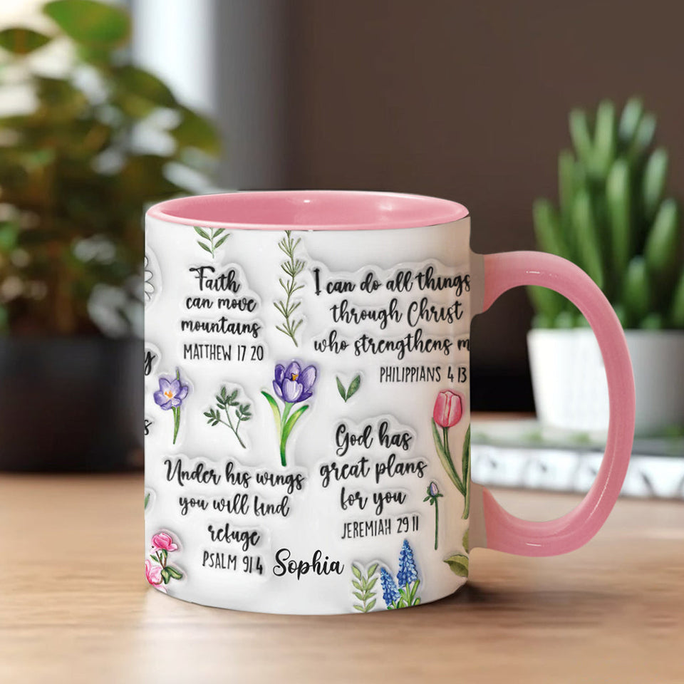 Mug chrétien personnalisé avec verset biblique et motif floral