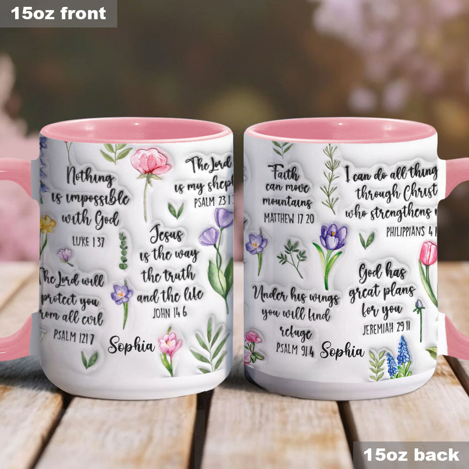 Mug chrétien personnalisé avec verset biblique et motif floral