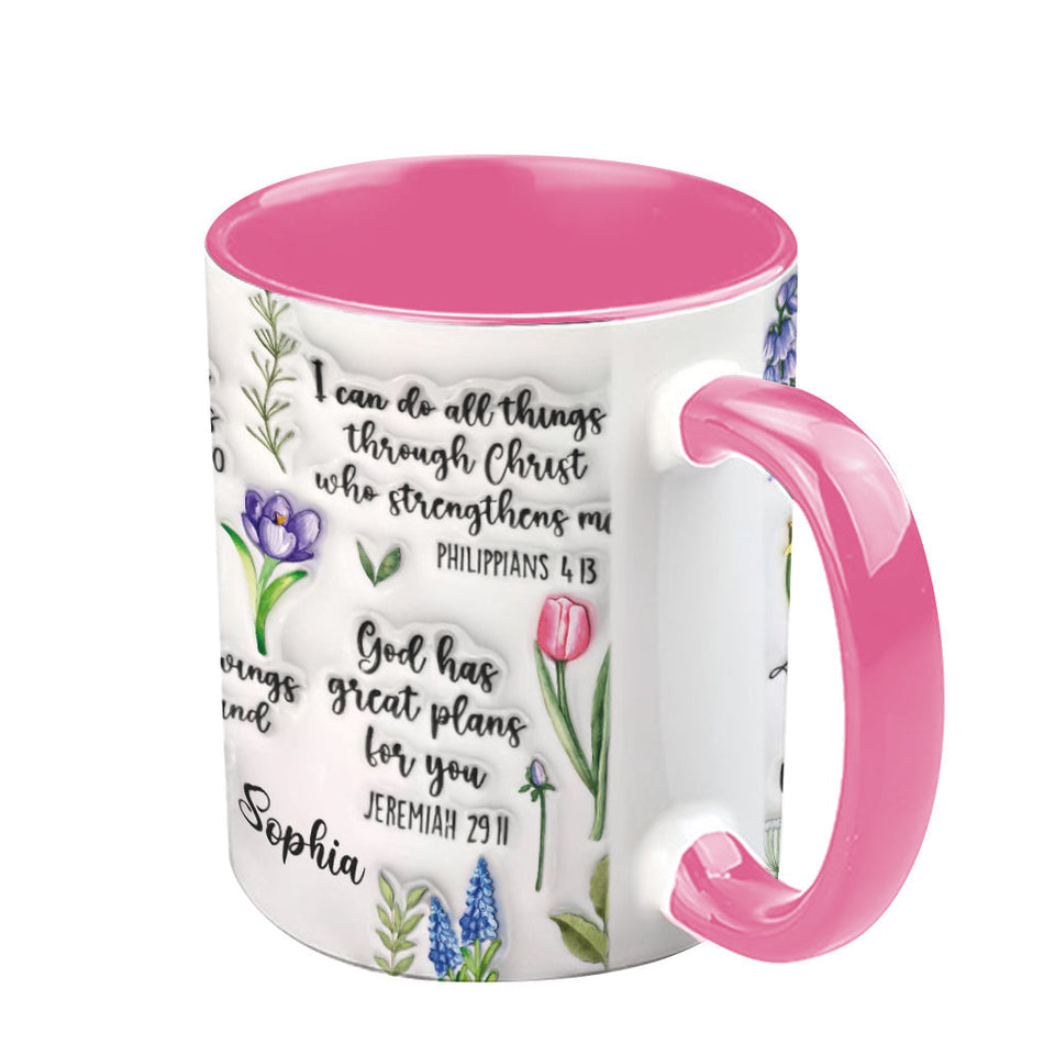 Mug chrétien personnalisé avec verset biblique et motif floral
