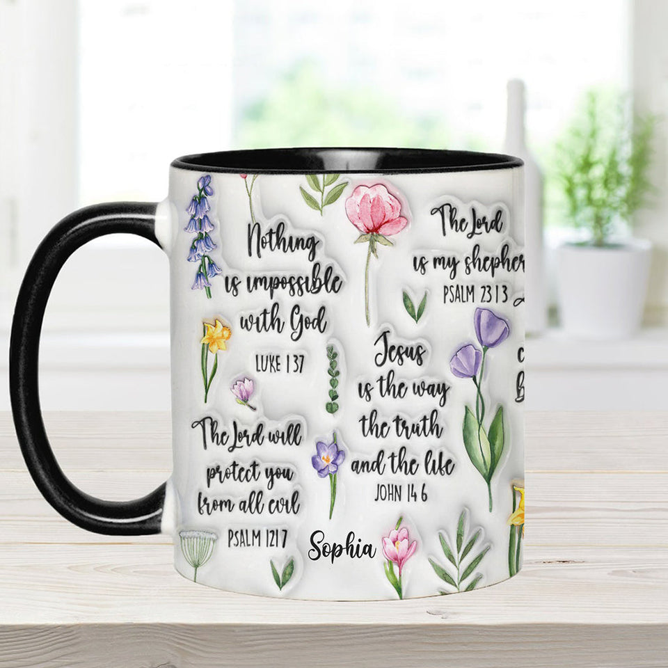 Mug chrétien personnalisé avec verset biblique et motif floral